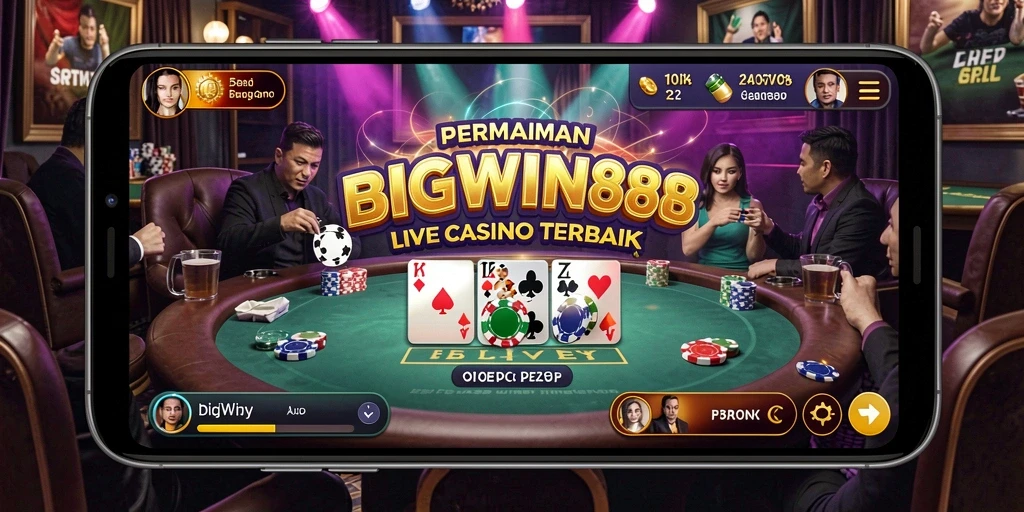 Screenshot permainan Live Casino di BIGWIN88 yang menampilkan dealer dan meja permainan.