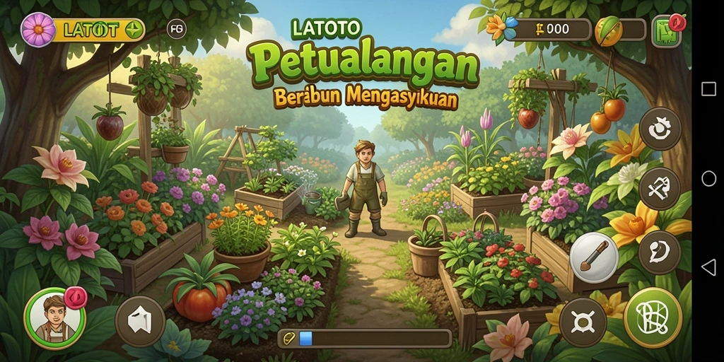 Screenshot utama LATOTO menampilkan kebun yang subur dengan berbagai tanaman.