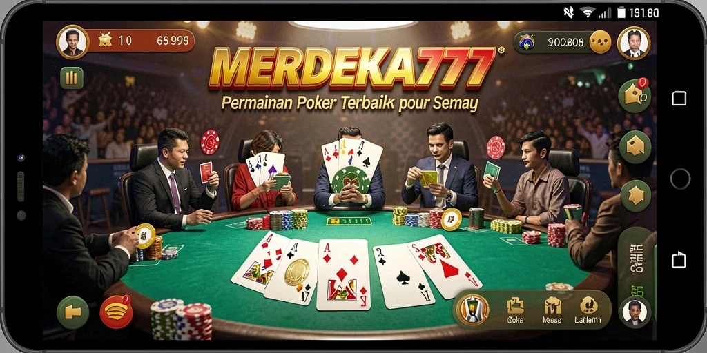 Screenshot gameplay MERDEKA777 menampilkan aksi poker yang mendebarkan.