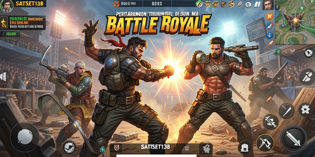 Tangkapan layar utama gameplay SATSET138 yang mendebarkan dalam pertarungan Battle Royale.