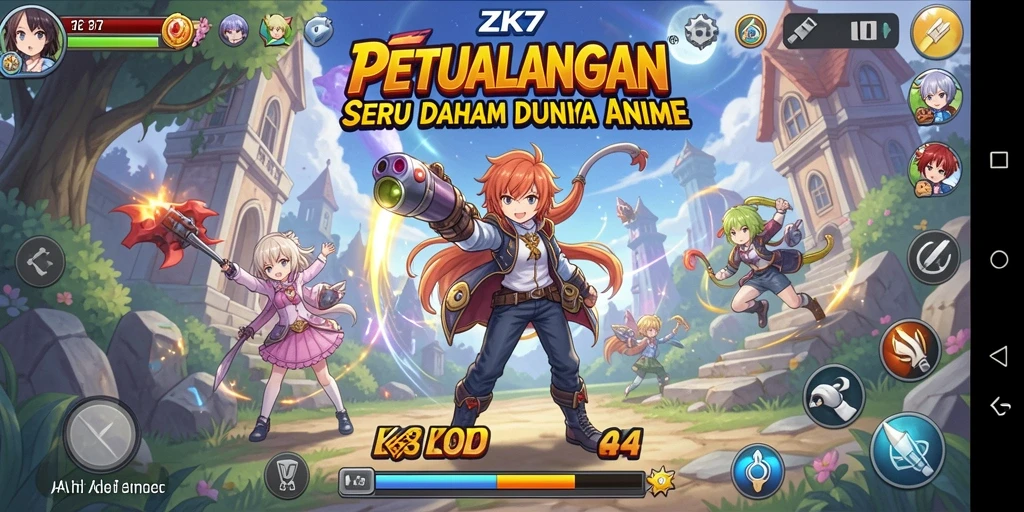 Tampilan gameplay ZK7 yang penuh warna dan karakter anime menarik.